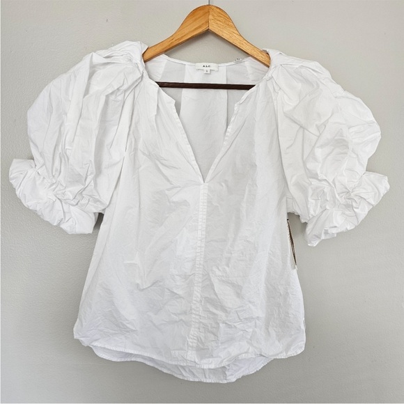 A.L.C. White Cara Puff Sleeve Split V neck Popover Cotton Blouse Size 6 - Picture 6 of 9